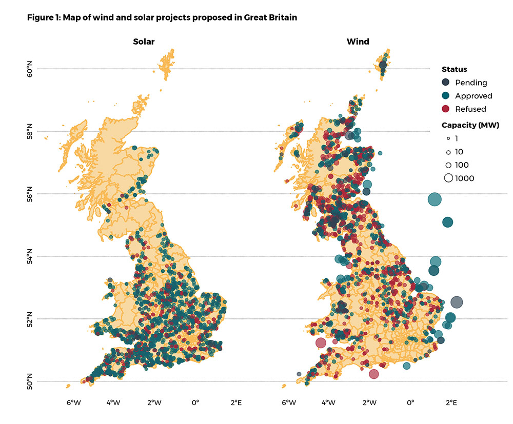 Map of wind and solar projects proposed in Great Britain