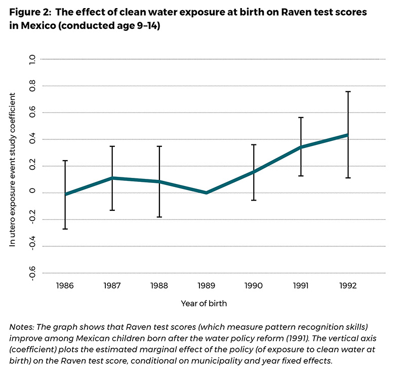 The effect of clean water exposure at birth on Raven test scores in Mexico (conducted age 9–14) 