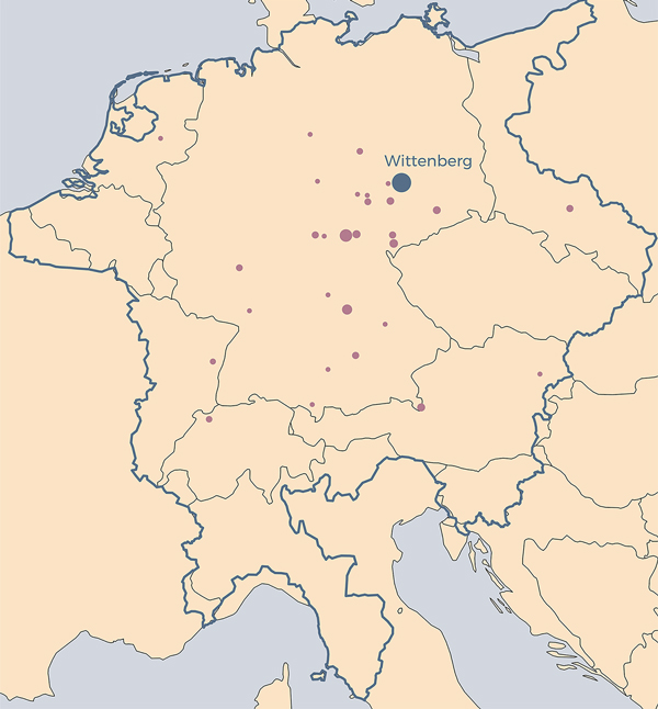 Figure1: Luther's spatial network. Cities to which Luther sent a letter 1501–22