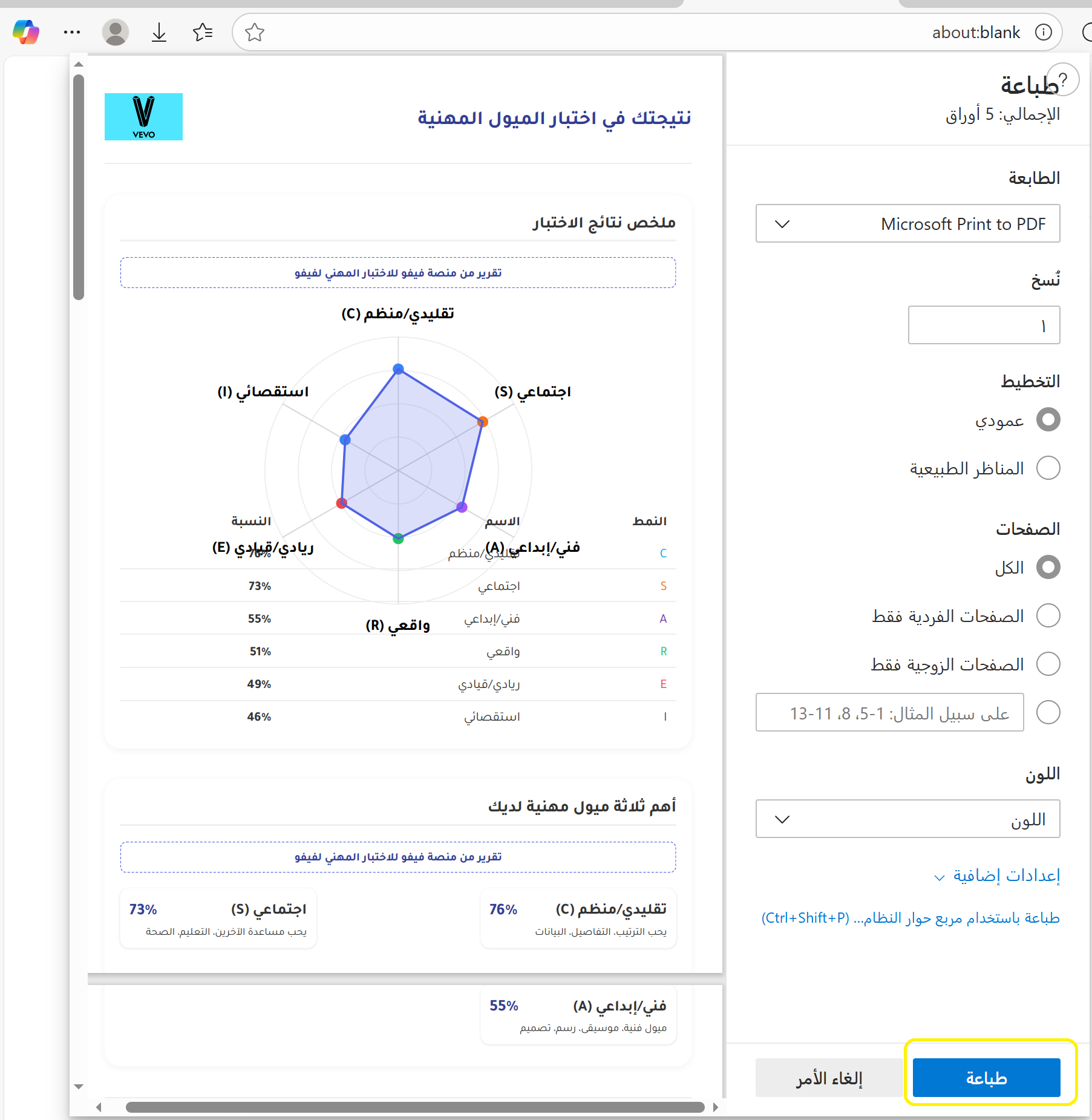 تقرير ونتائج اختبار فيفو للميول المهنية نسخة PDF - الخطوة 2