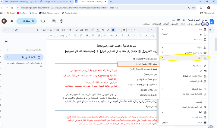 حفظ و تحويل سيارتك الذاتية او رسالة التقديم من مستندات جوجل الى نسخة او مستند PDF على جهاز كمبيوتر او لابتوب