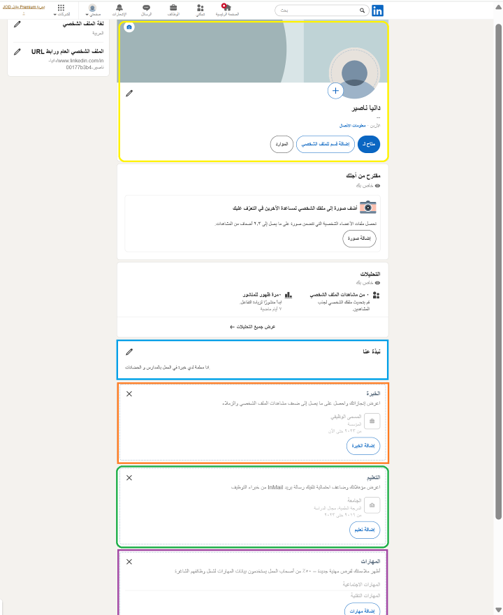 ملف شخصي المهني على لينكدإن - الاجزاء الرئيسية