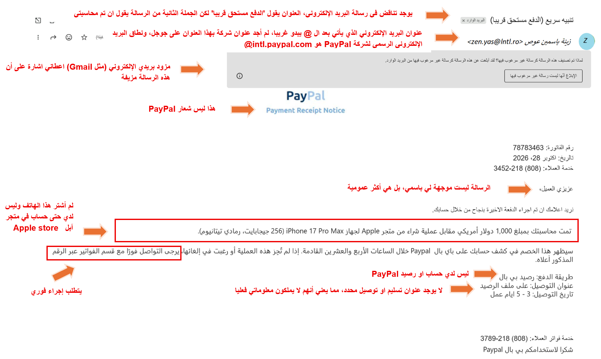 ايميل مزيف ابللغة العربية مع جميع العلامات مشار اليها
