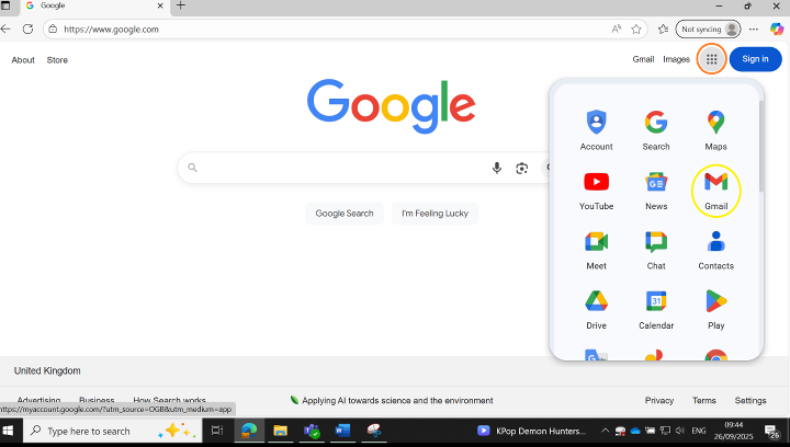 Accessing Gmail from the browser using Google menu on a computer/laptop