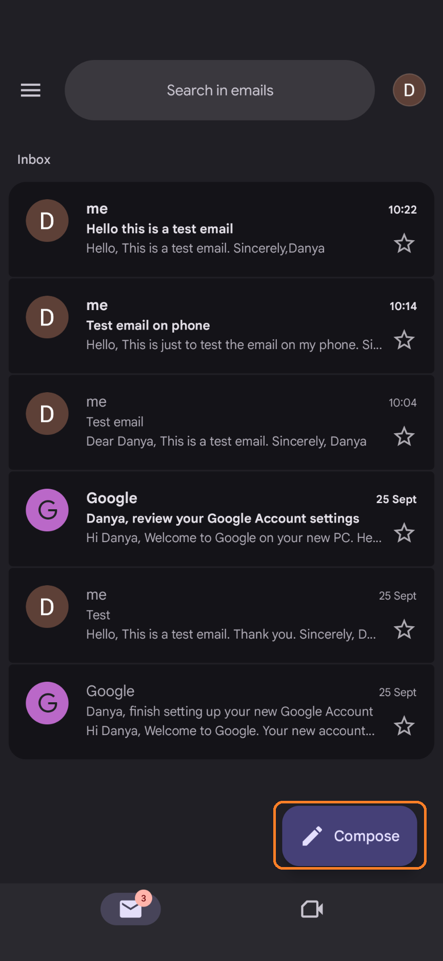 Gmail inbox on mobile application and compose button