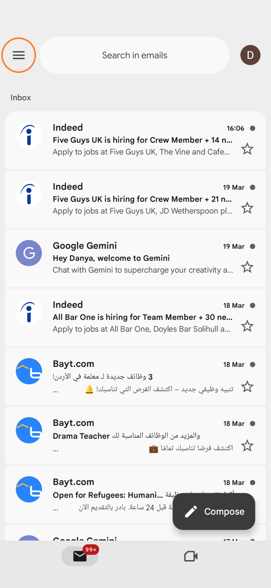 Gmail menu icon on the mobile