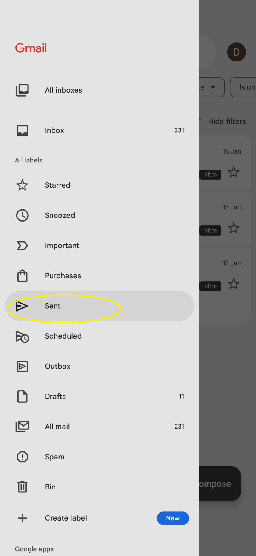 Gmail sent folder on a mobile phone