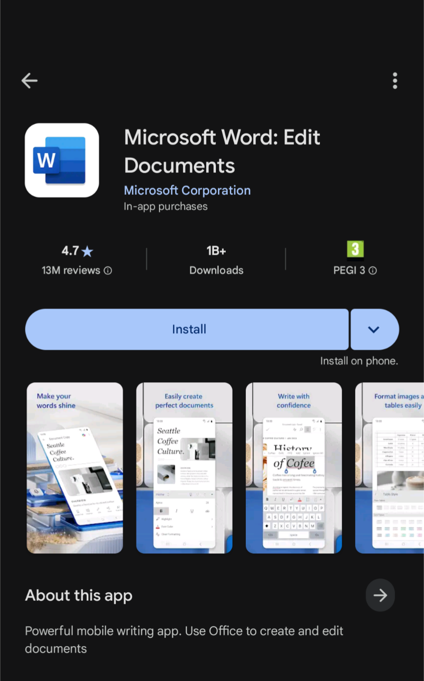 Downloading MS Word application from Google play store