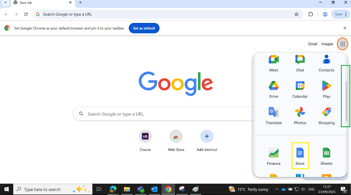 Accessing Google Doc from Google menu