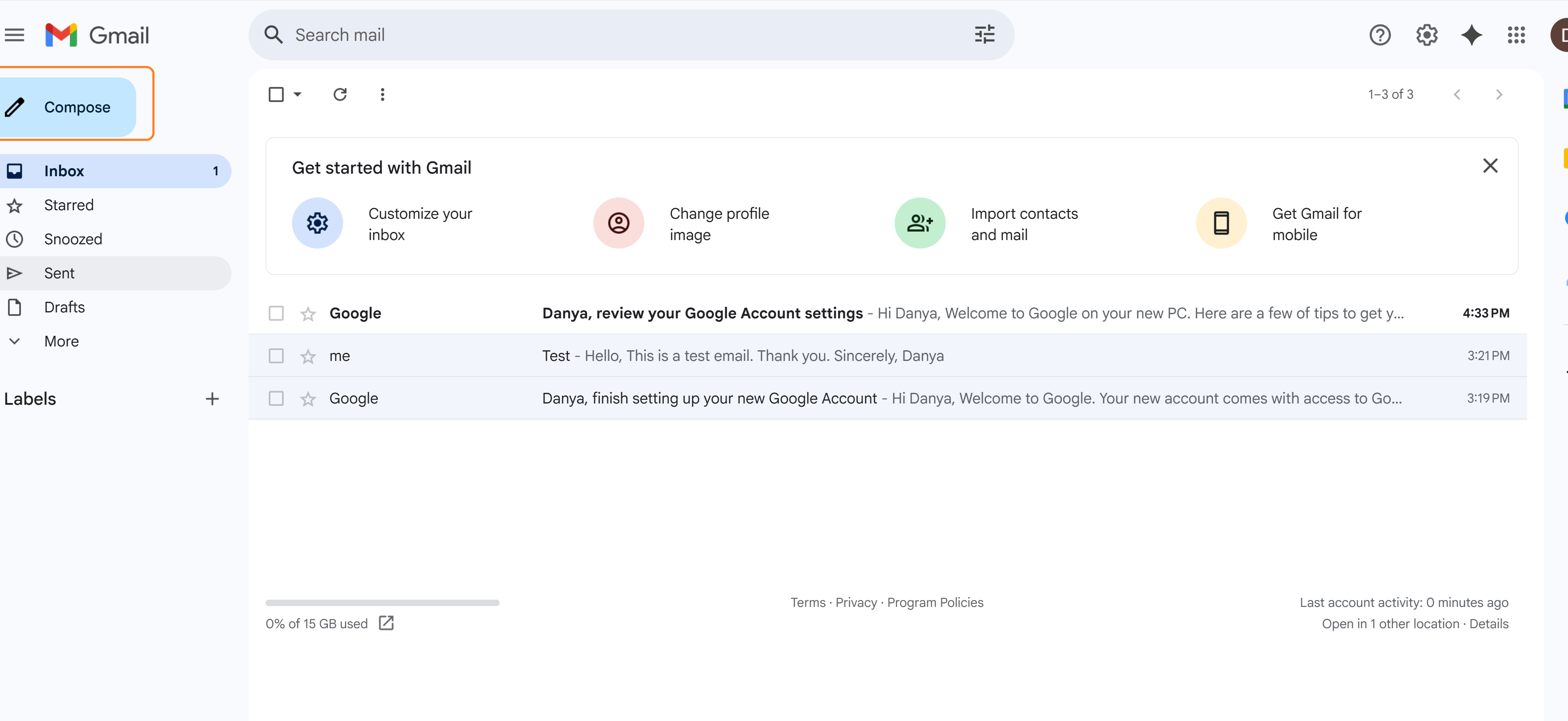 Gmail inbox from the browser on a computer/laptop