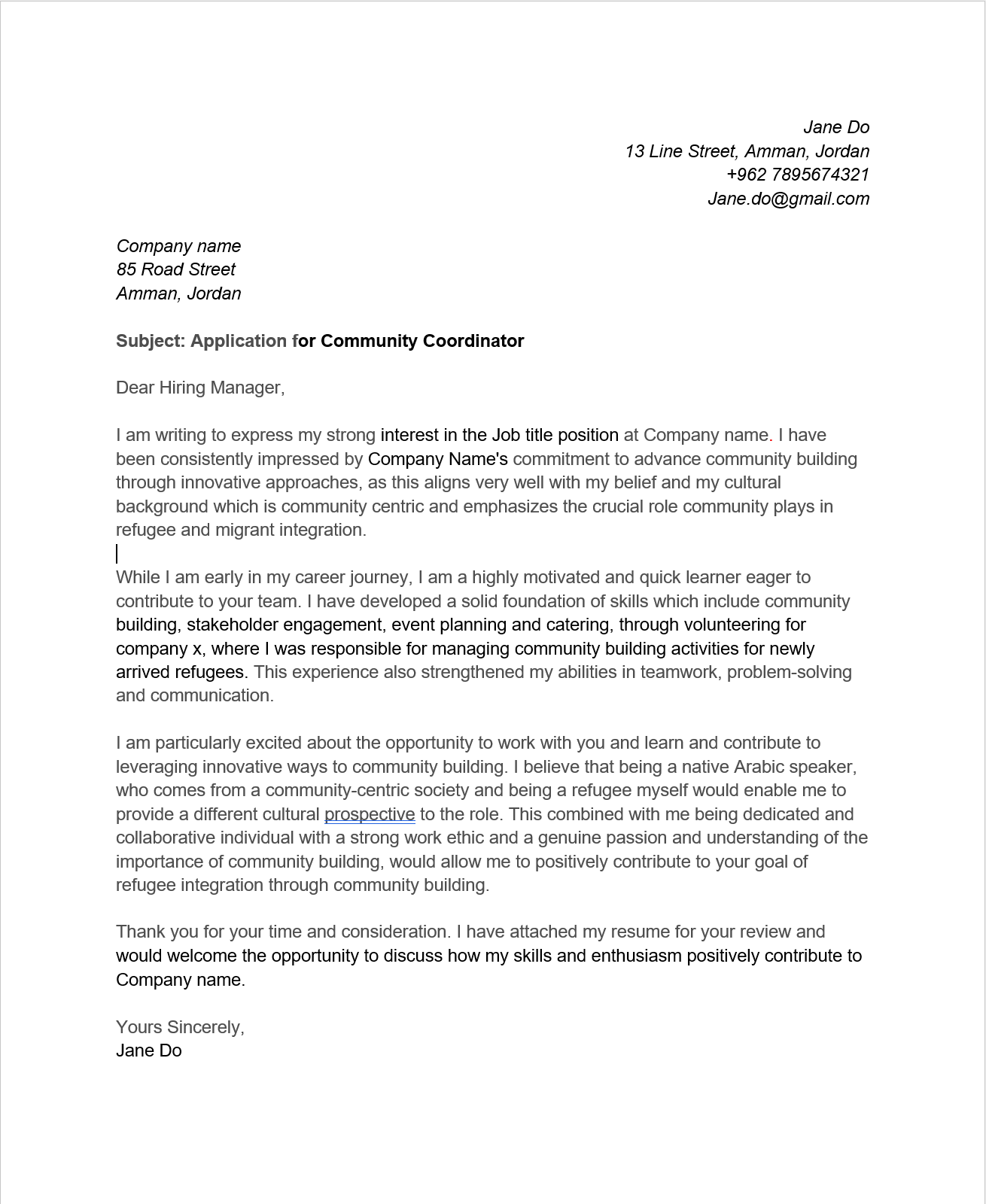 Example of what a Cover letter could look like