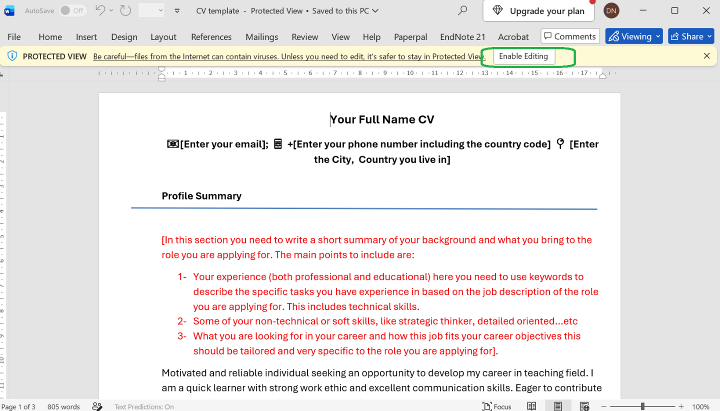 Step 2- of using the MS Word template on a Computer
