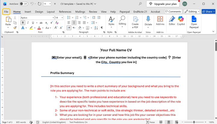 Step 3- of using the MS Word template on a Computer
