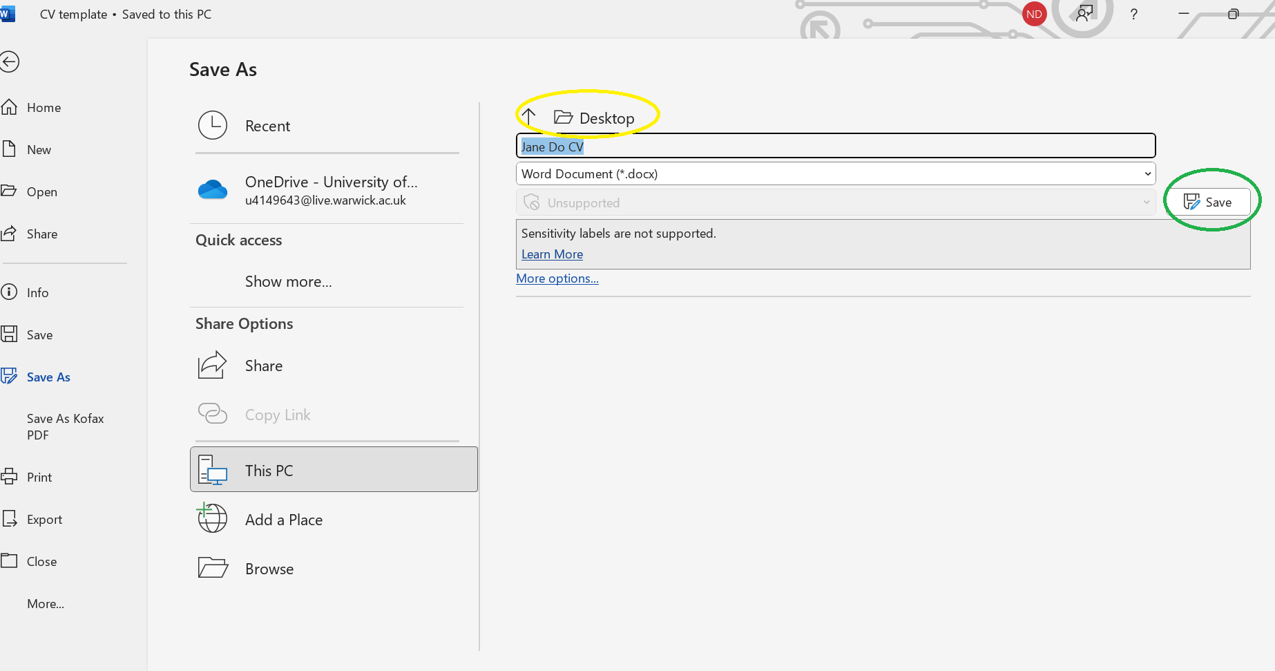Step 5- of using the MS Word template on a Computer