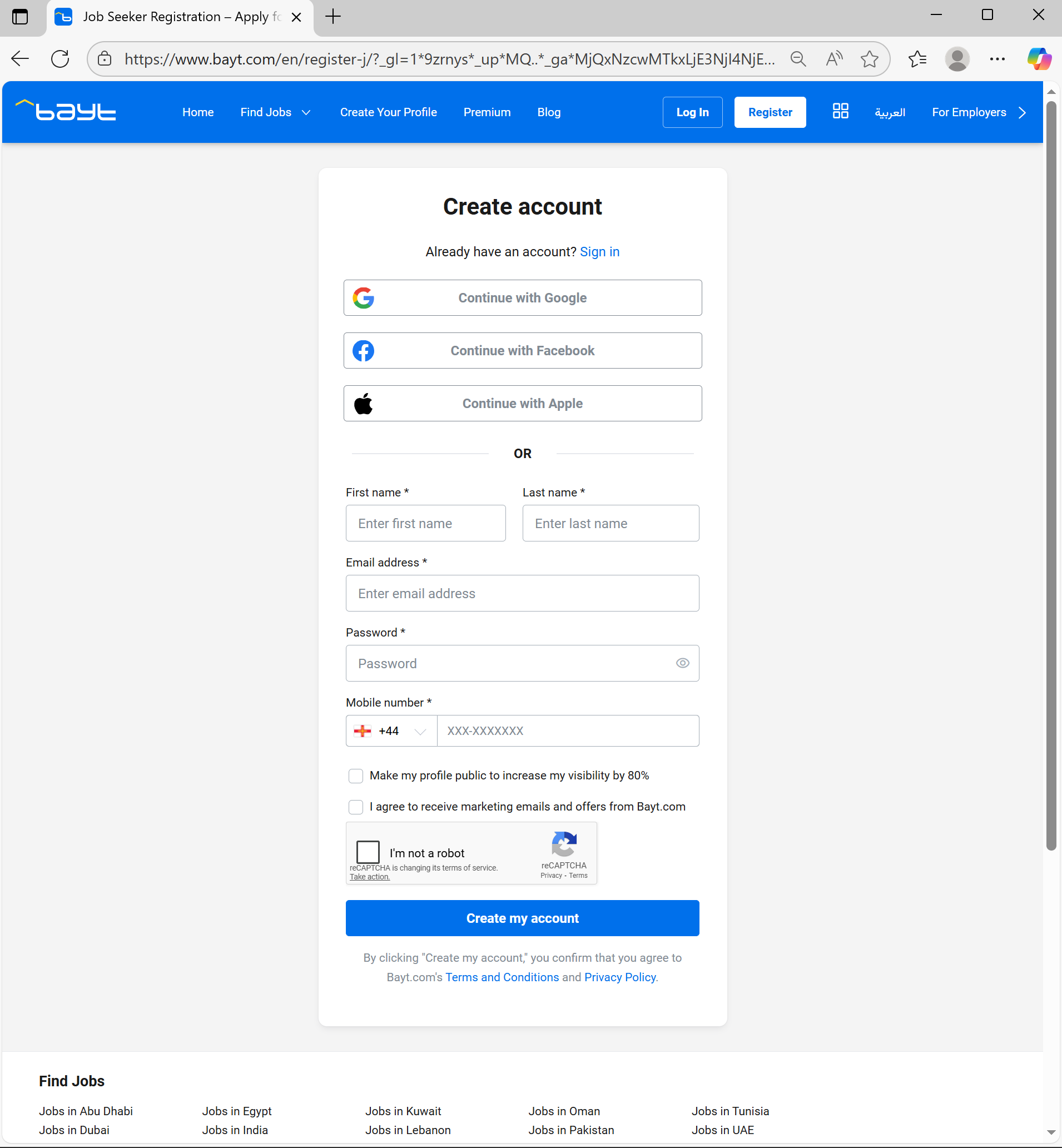 Step 3- Creating an account on Bayt- Using the website