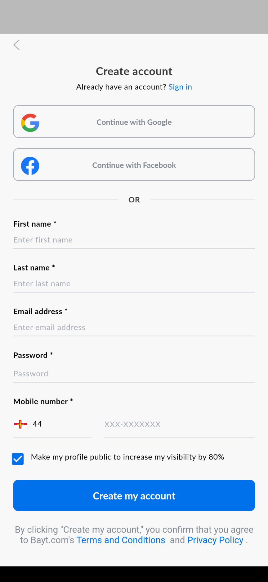 Step 3- Creating an account on Bayt- using the mobile application