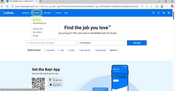 Accessing Bayt home screen for job search from a computer/laptop