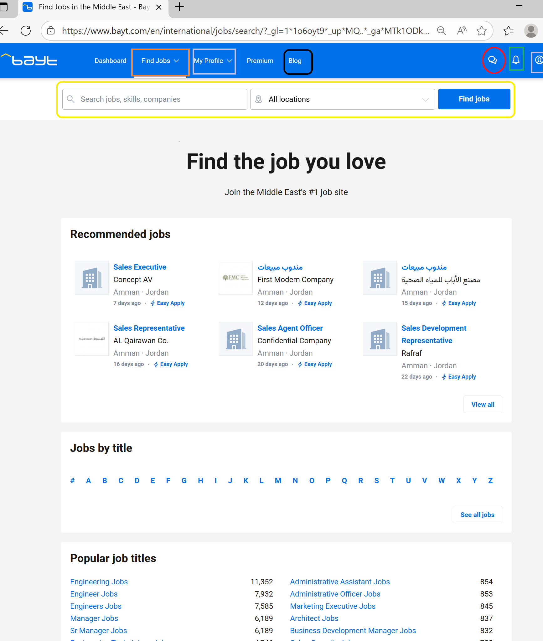Bayt Job search main screen features- website (computer/laptop)