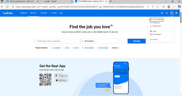 Step 1- Bayt job notifications and alerts- website (using computer/laptop)
