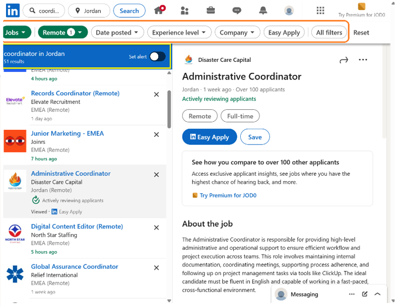 Setting up job alerts and notifications through job search LinkedIn- Computer/laptop