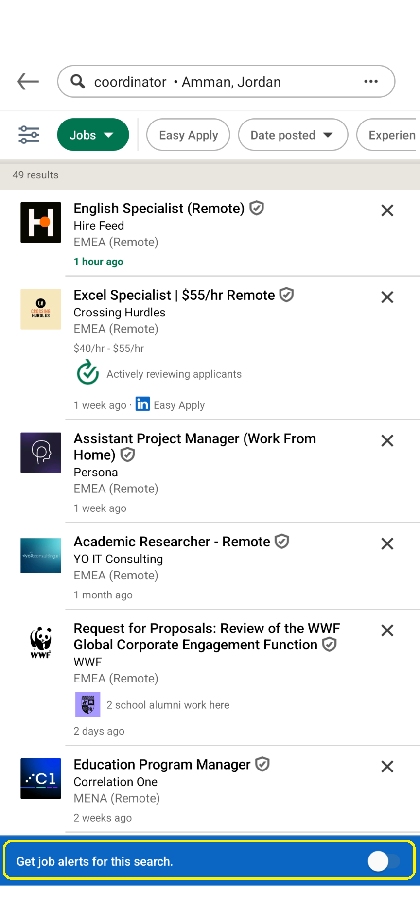 Setting up job alerts and notifications through job search LinkedIn- Mobile application