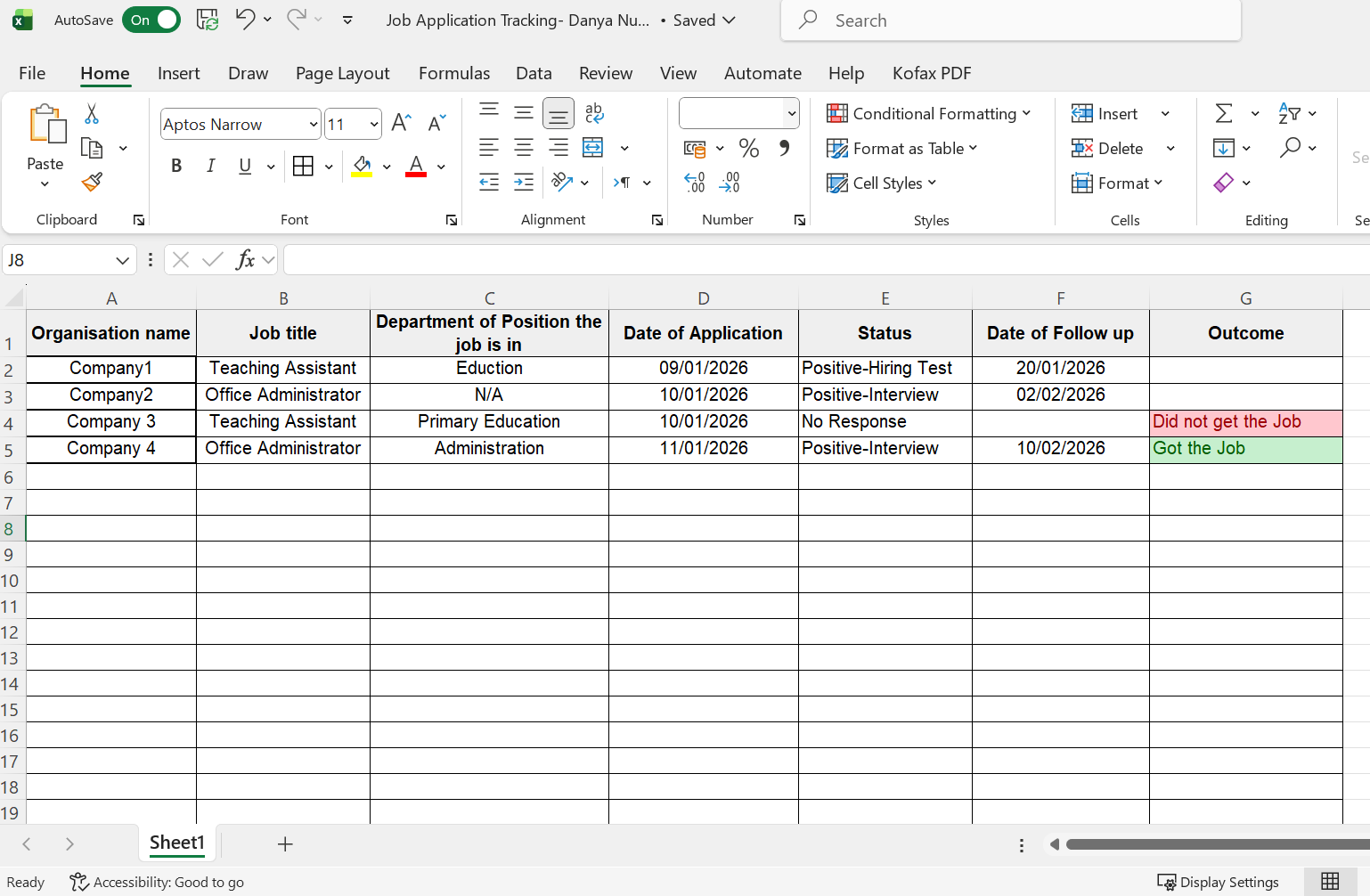 Example of a job application tracking sheet