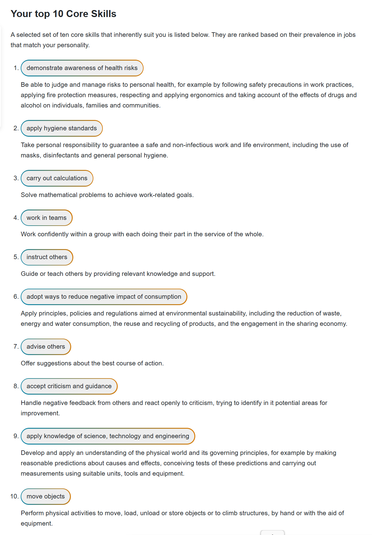 Top 10 Core skills in 123 Career test report