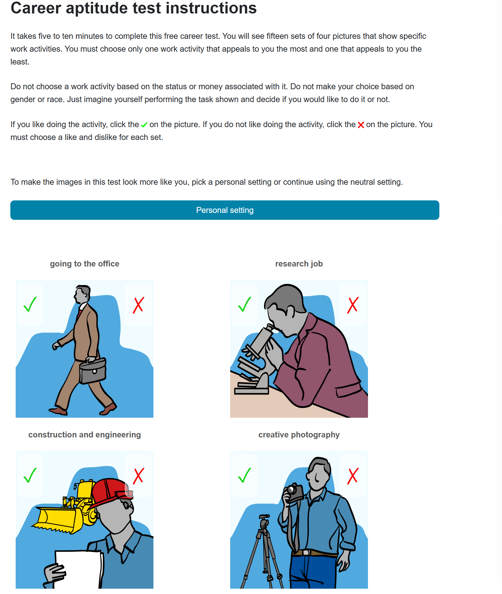 123 Career test instructions and first qusetion