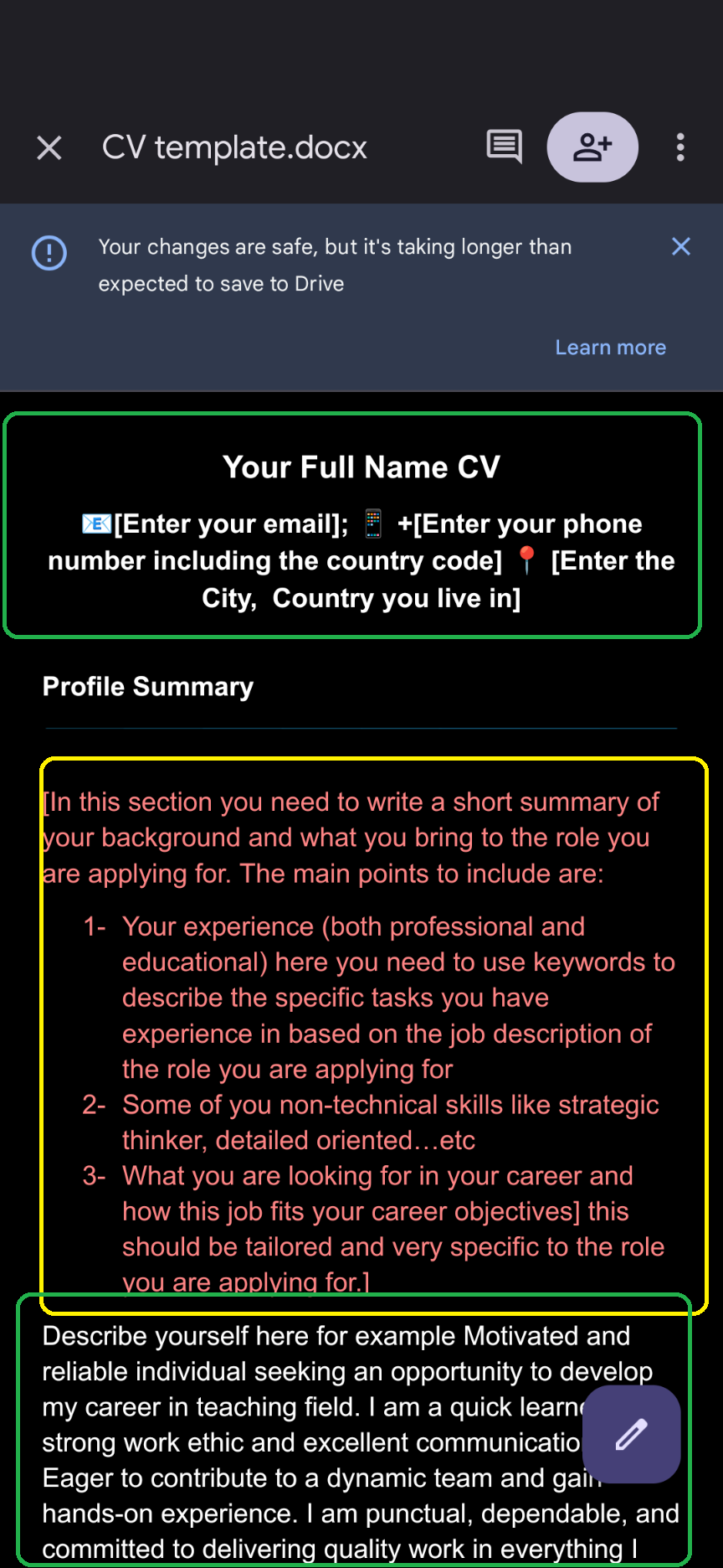 Mobile- CV template black and red sections