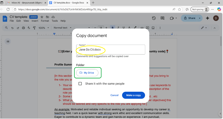 Step 2 & 3-  Renaming template copy and checking location of where it is saved on a computer