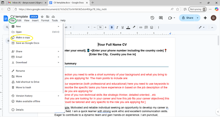 Step 1 of using the Google Docs template on a computer or laptop