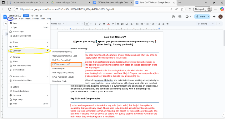 Saving or Converting your Google Doc CV or Cover letter into PDF on a computer