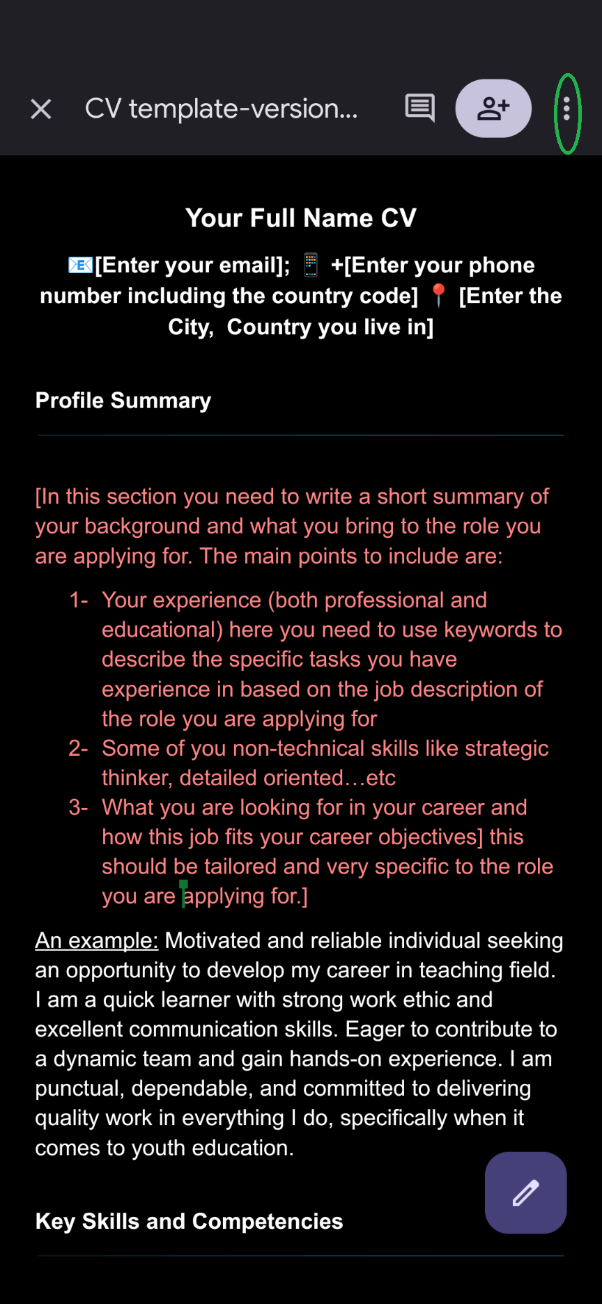 Step 1- a of using the Google Docs template on a mobile phone (1 of 2)