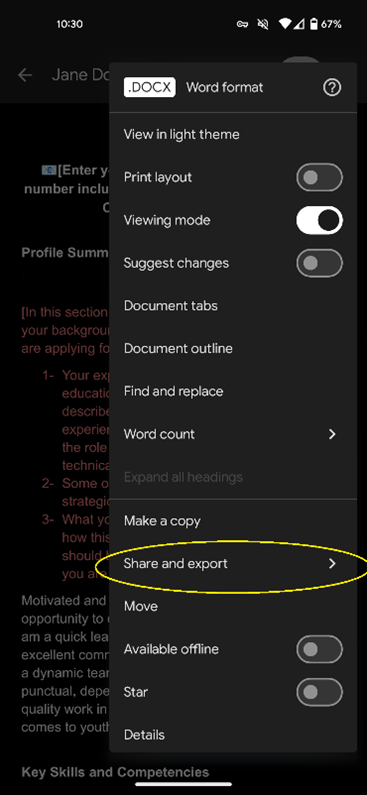 Saving or Converting your Google Doc CV or Cover letter into PDF on a mobile (Step 2 of 5)
