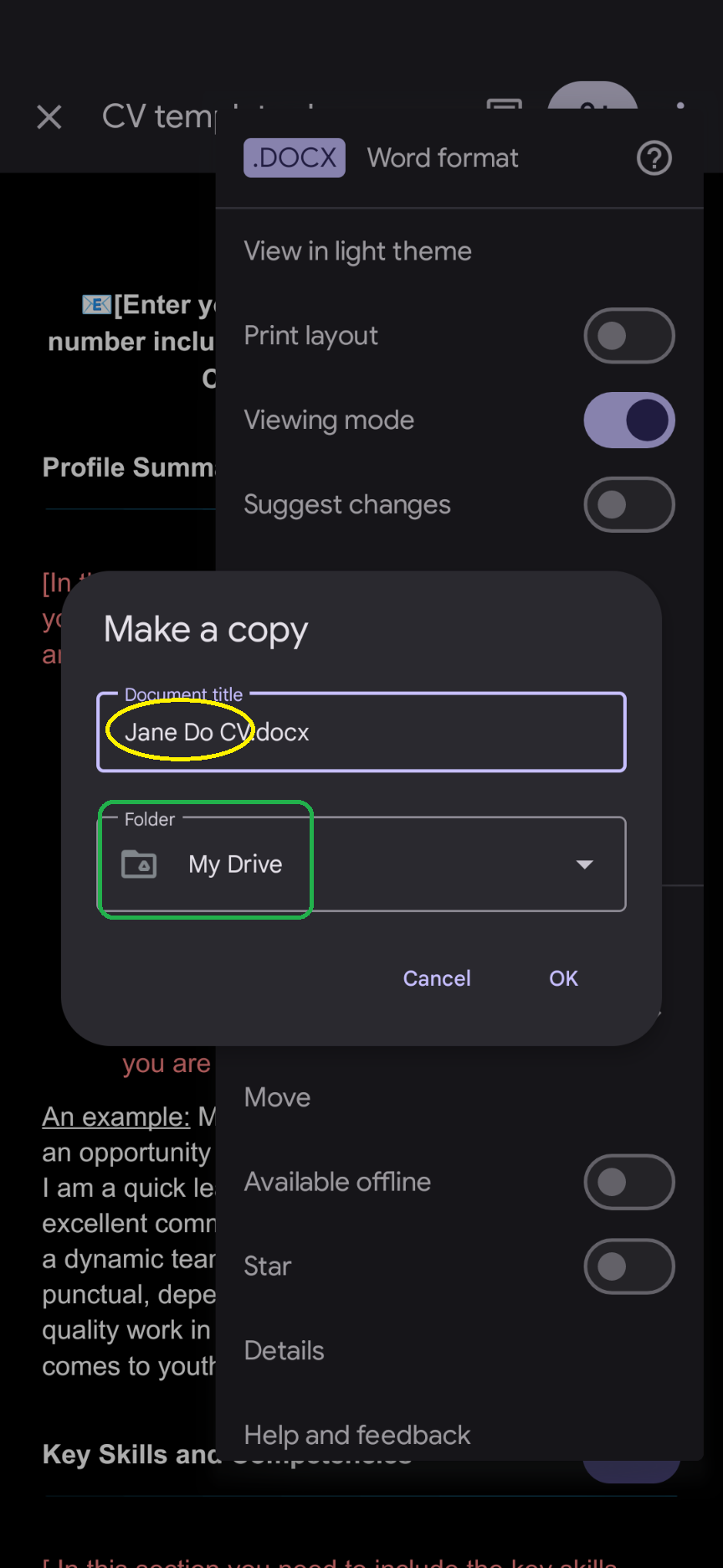 Step 2 & 3-  Renaming template copy and checking location of where it is saved on a mobile phone