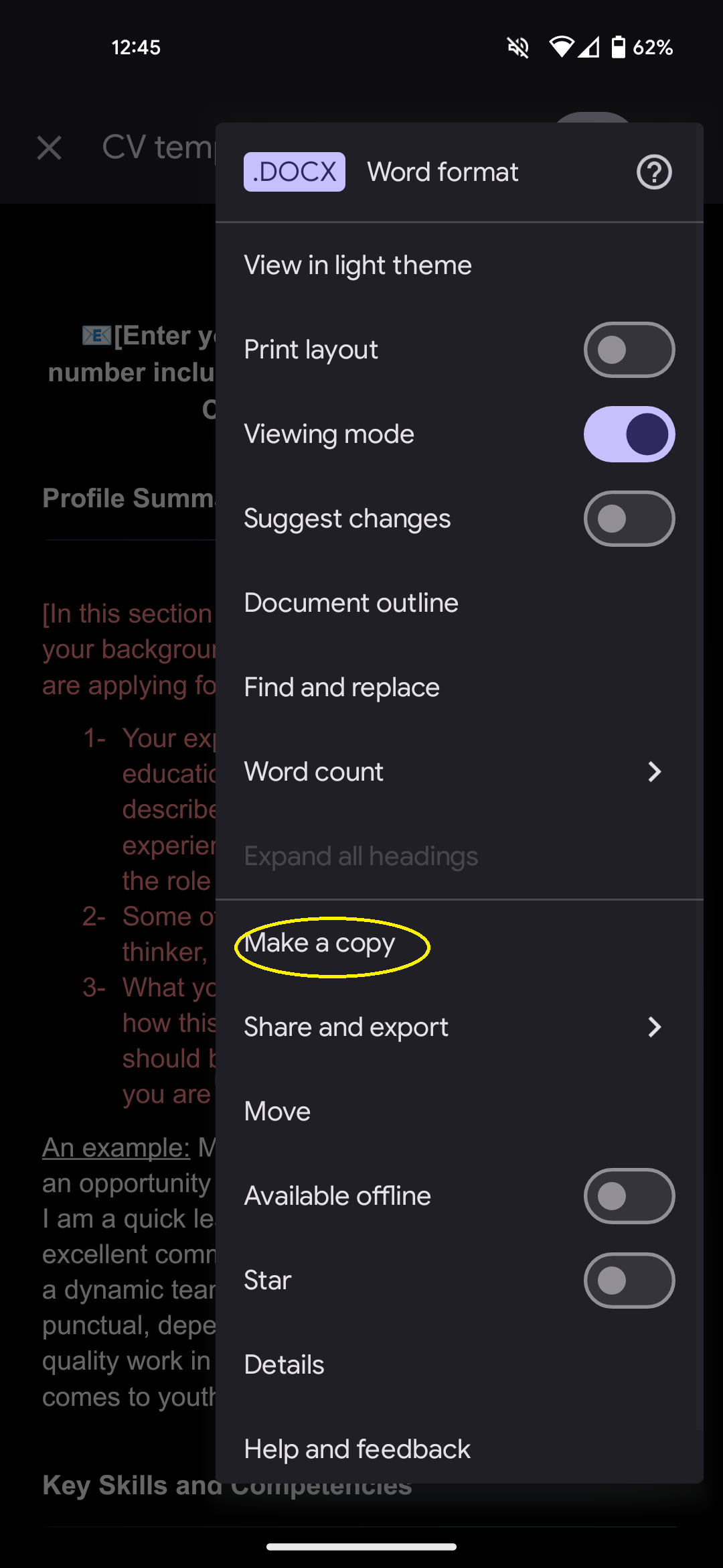 Step 1- b of using the Google Docs template on a mobile phone (2 of 2)
