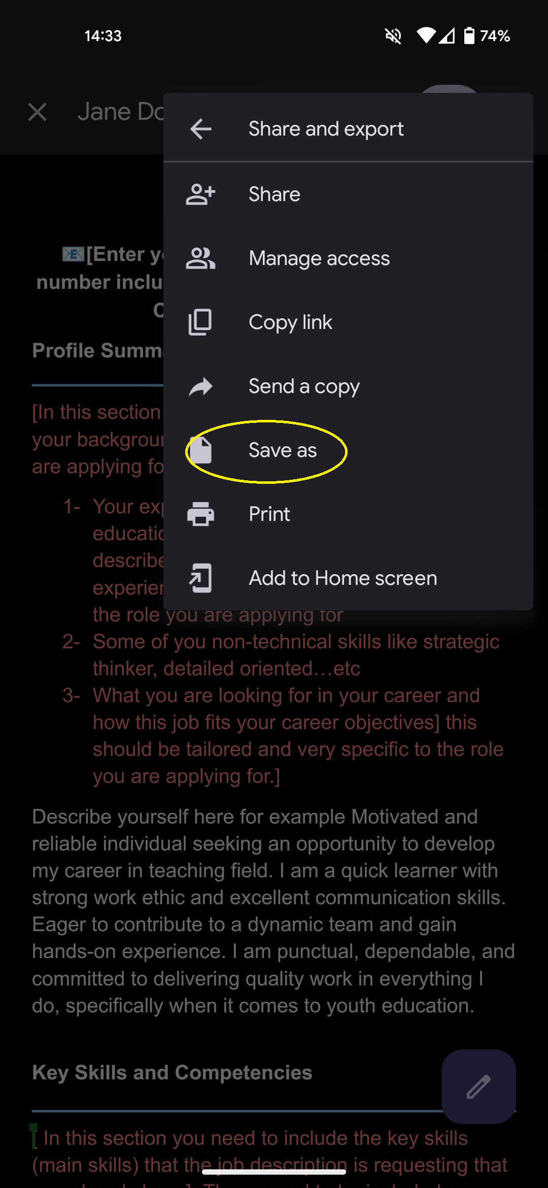 Saving or Converting your Google Doc CV or Cover letter into PDF on a mobile (Step 3 of 5)