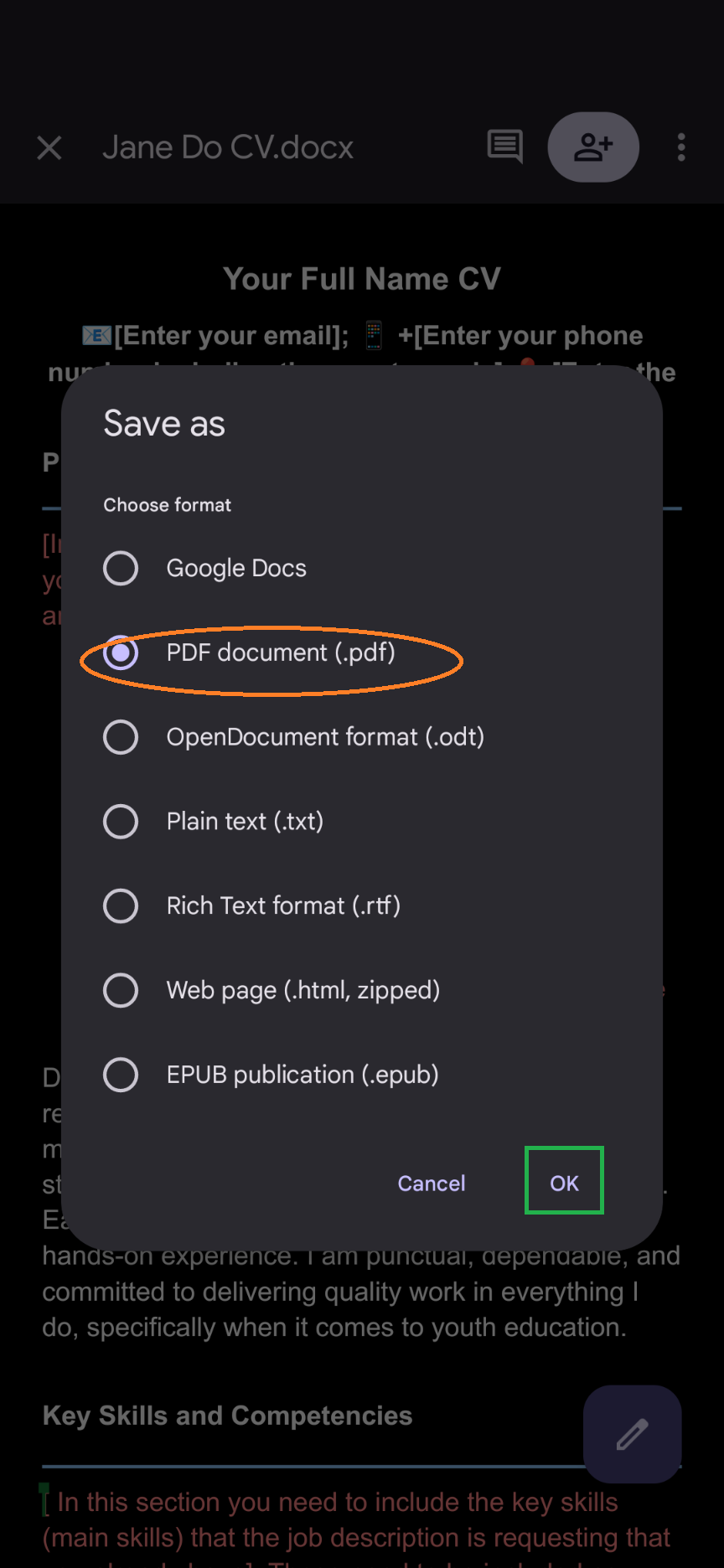 Saving or Converting your Google Doc CV or Cover letter into PDF on a mobile (Step 4 of 5)