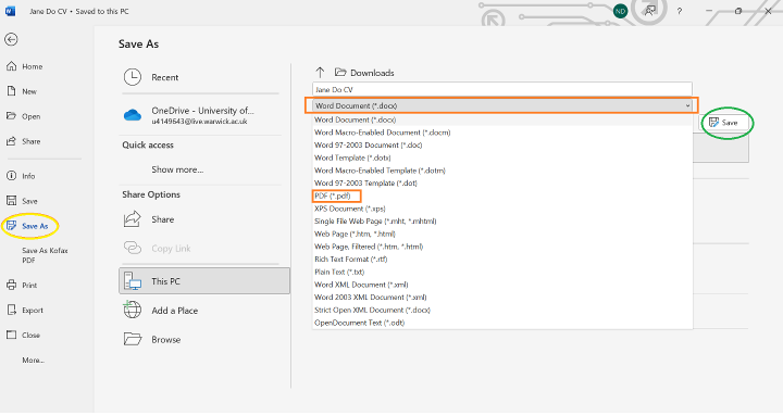 Steps 2,3 & 4- Saving or Converting the MS Word template to PDF on a Computer