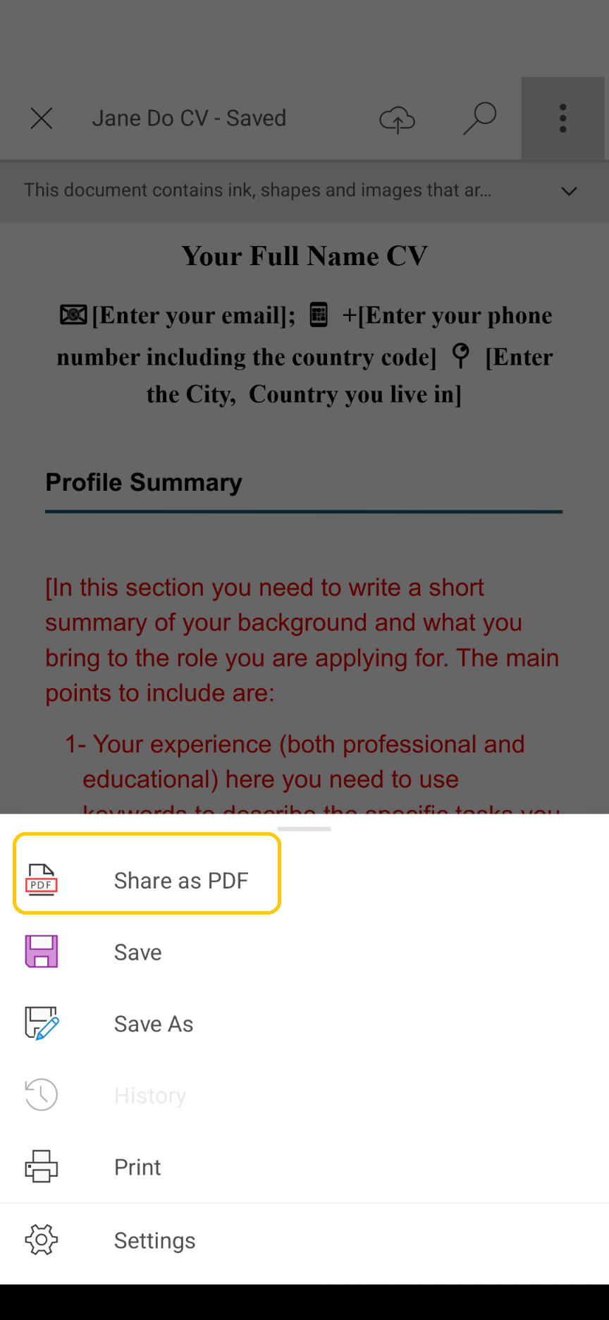 Saving or Converting your MS Word CV or Cover letter into PDF on a mobile (Step 2 of 3)