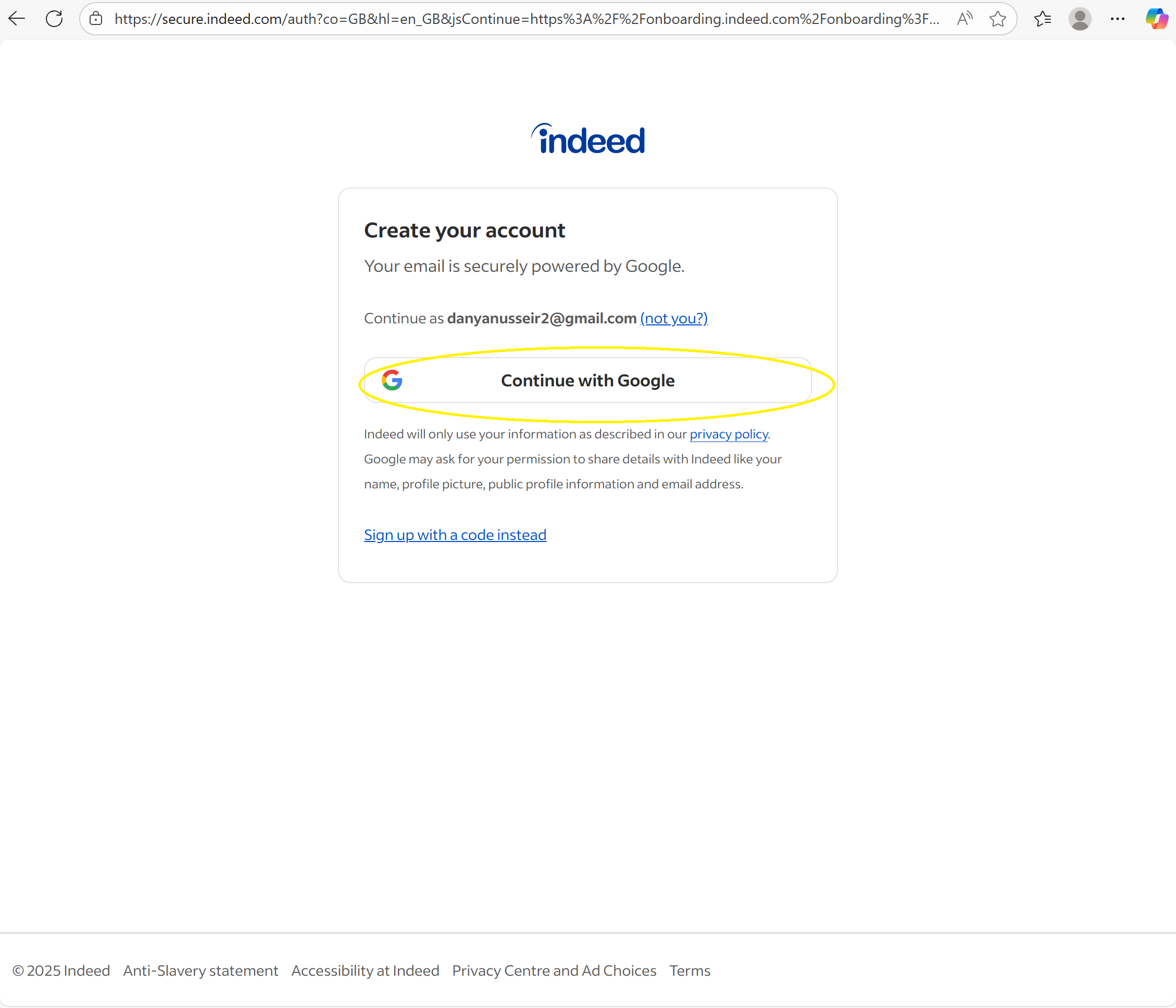 Step 3- Creating an account on Indeed