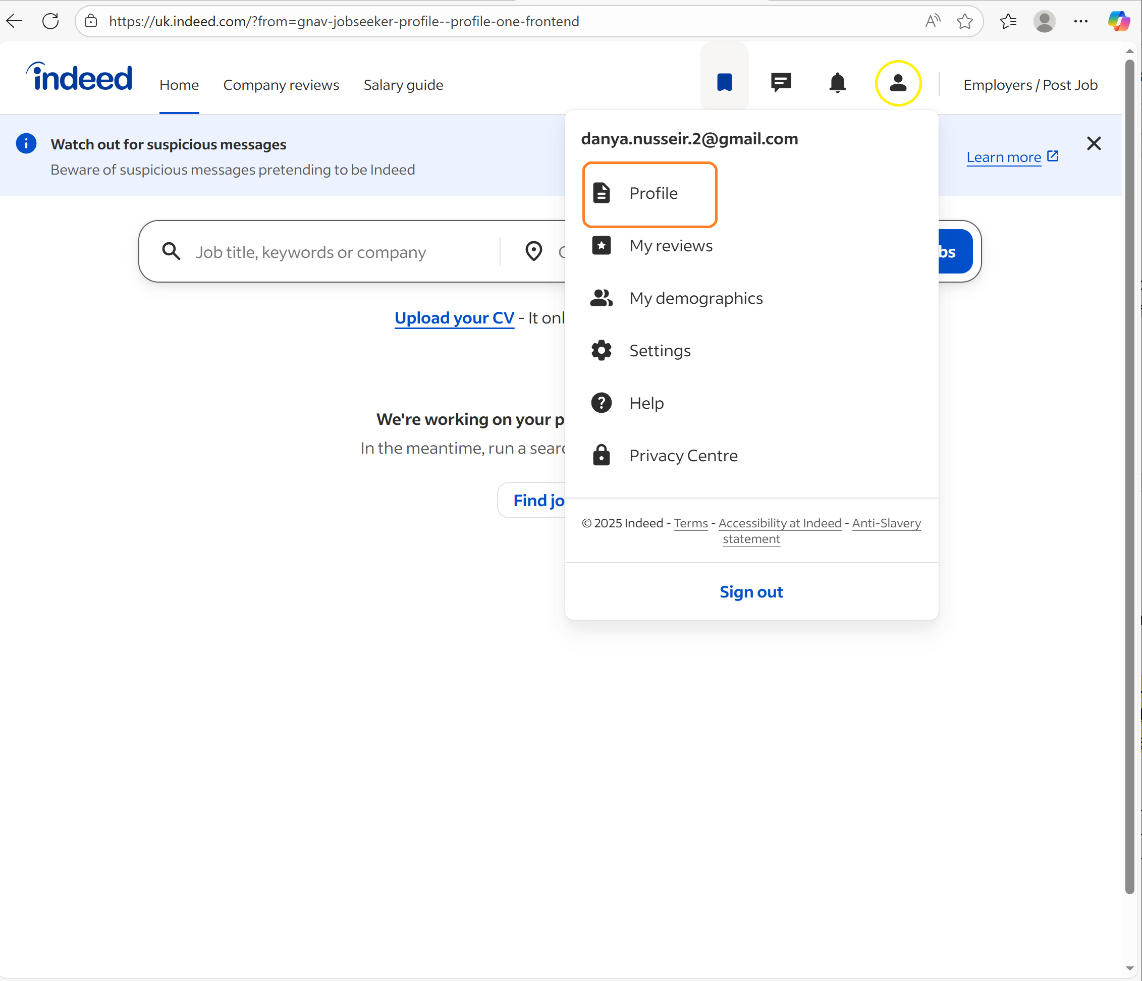 Accessing your Indeed profile from the website including computer/laptop