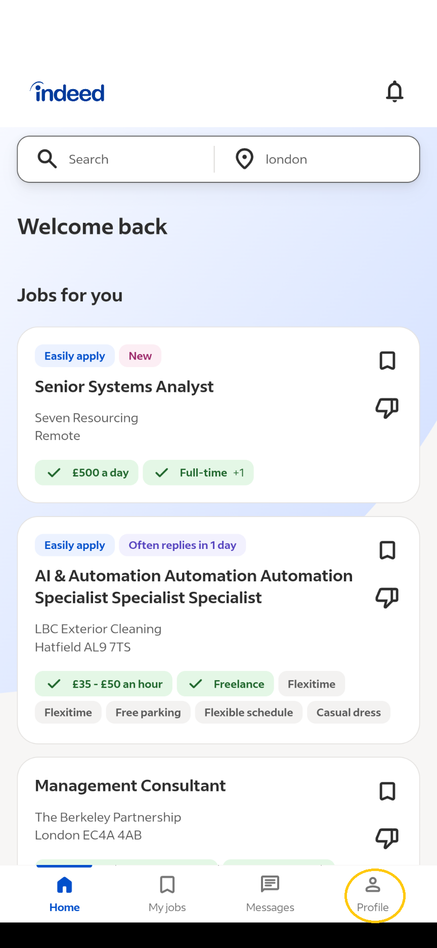 Accessing your Indeed profile from the mobile application