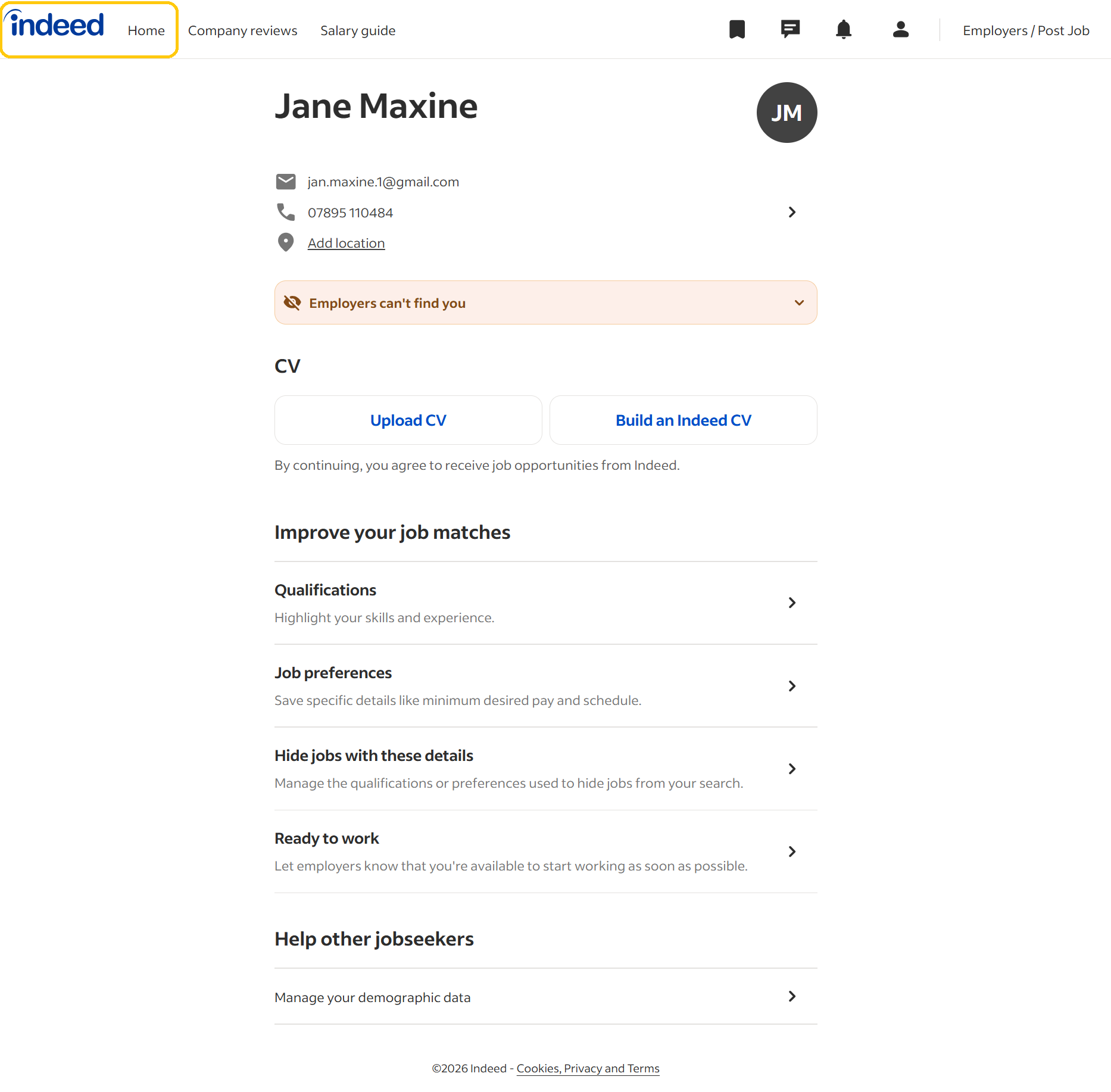Accessing Indeed home screen for job search from a computer/laptop