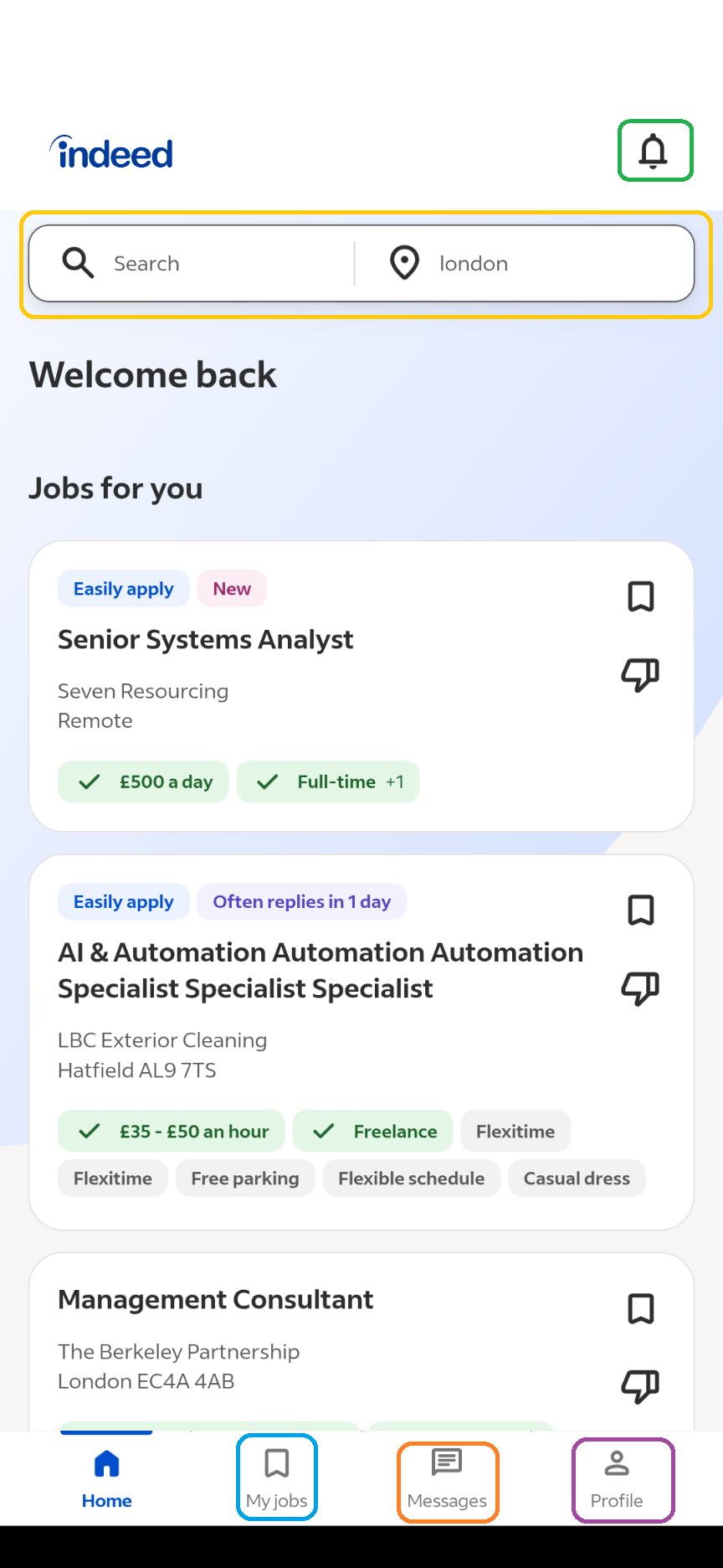 Indeed home screen features- mobile applicatoin