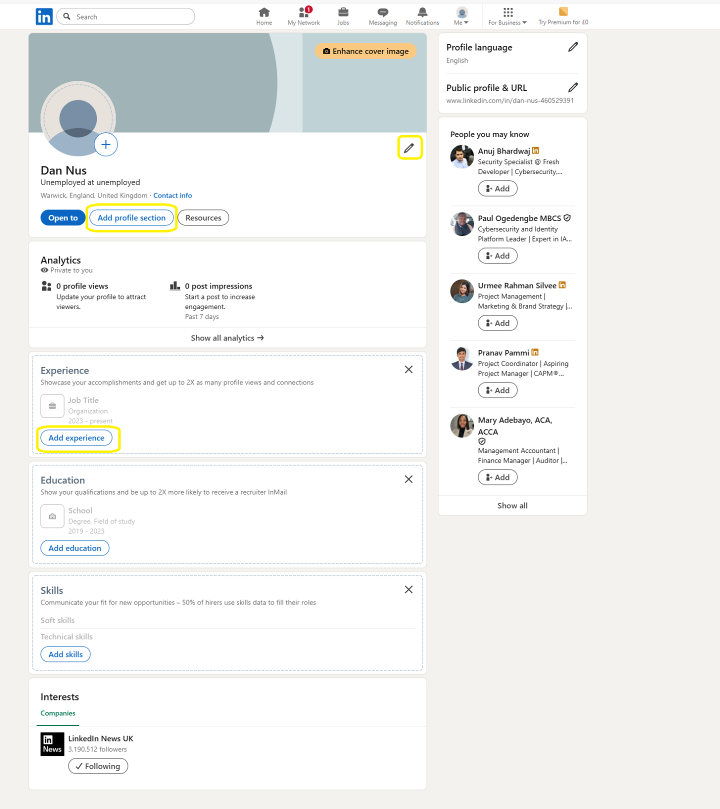 LinkedIn adding sections and editing profile on the website (including computer/laptop)