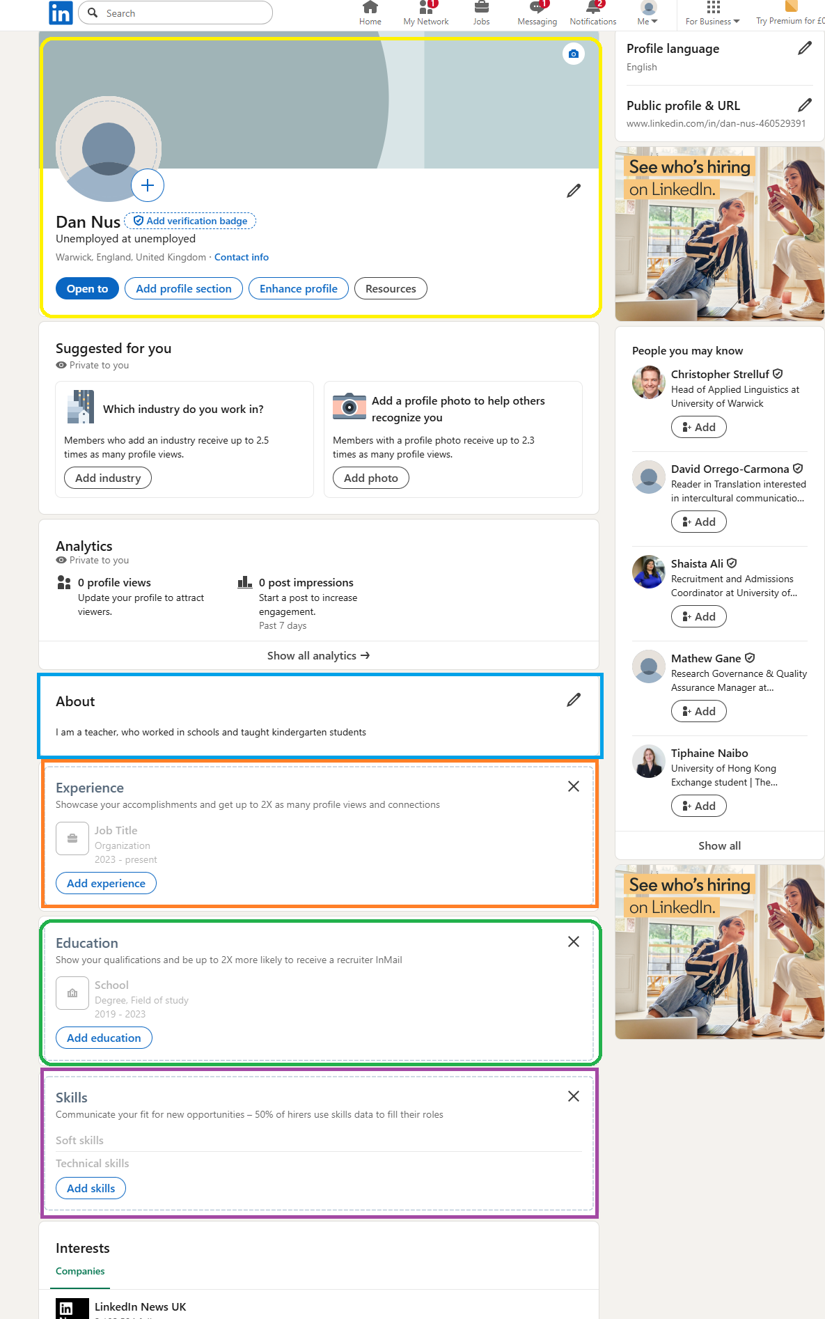 LinkedIn core profile components