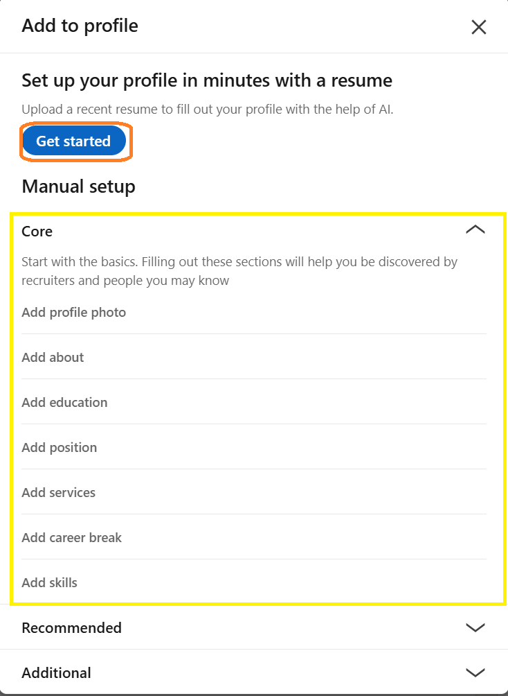 LinkedIn core profile components and filling profile by uploading the CV
