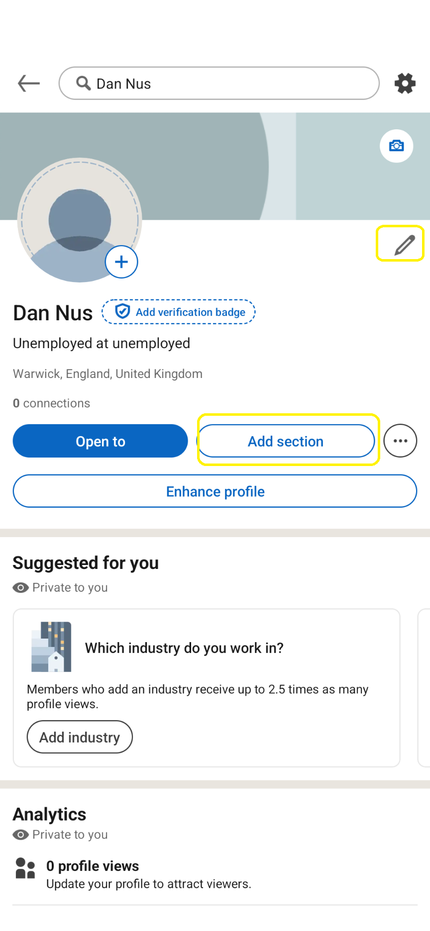 LinkedIn adding sections and editing profile on mobile application