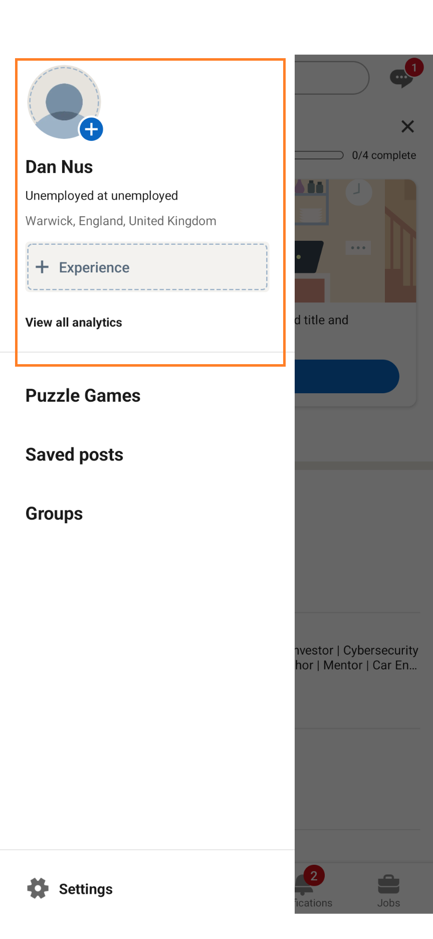 Accessing your LinkedIn profile from the mobile application (2 of 2)
